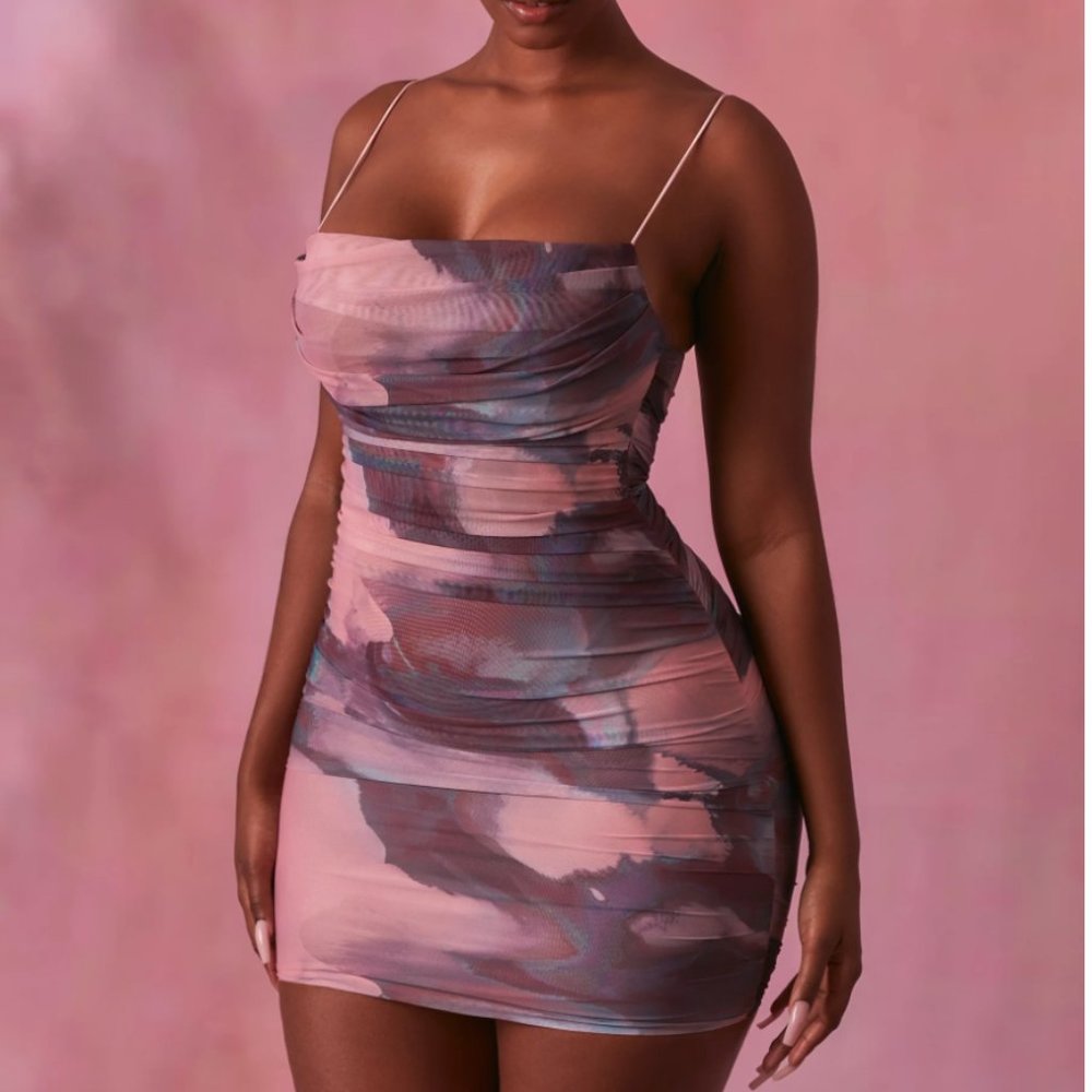 Oh Polly Lunar Bodycon Ruched Mesh Mini Dress